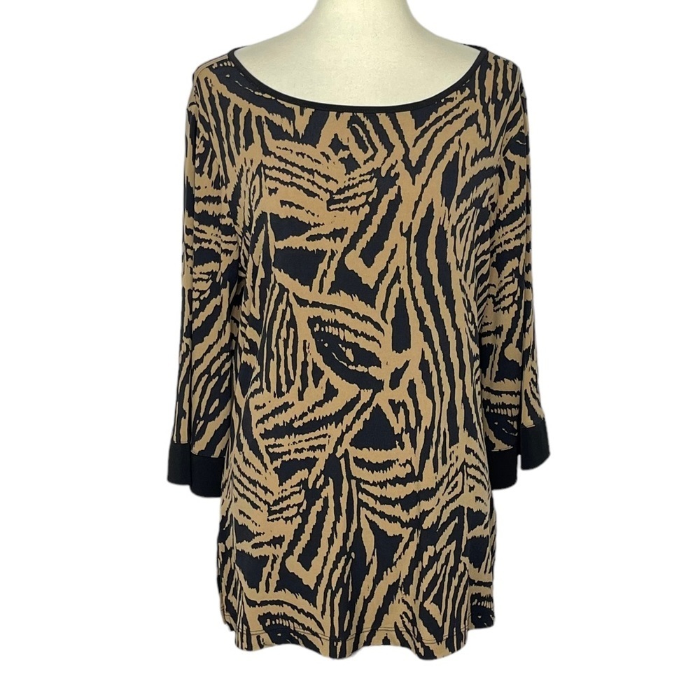 Chico’s Shirt 2 Womens 12 Large Brown Black Animal Print Geometric Print Blouse‎